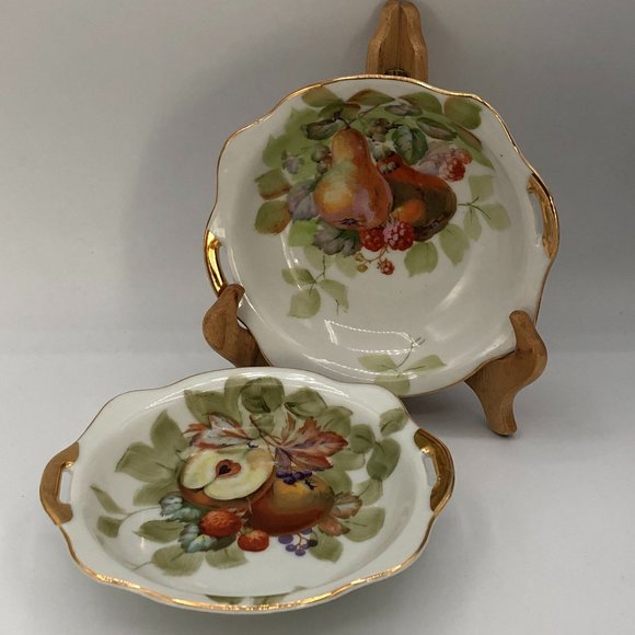 VTG GoldCastle Candy Dish/ Handles Apples Strawberries /Pear Japan Gold Set of 2 - Picture 3 of 10